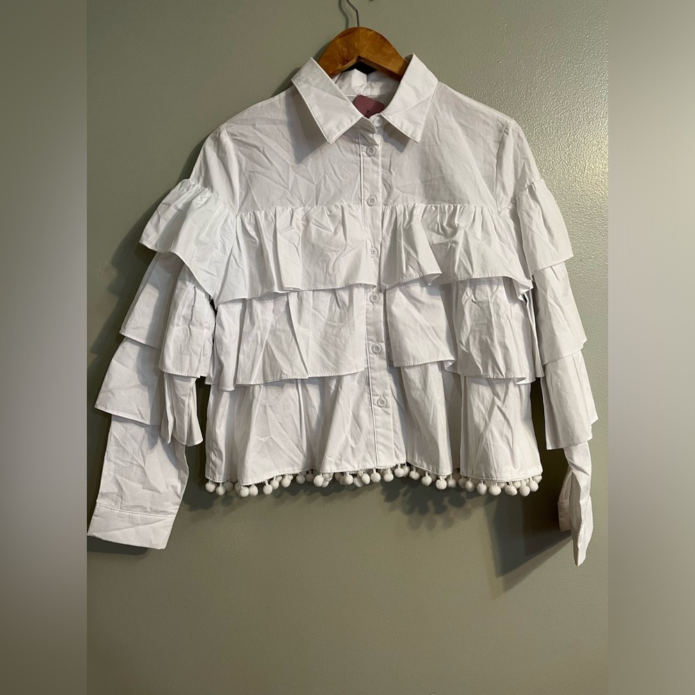 Alex Vinash New York Button Up Tiered Long Sleeves Crop Top Size M